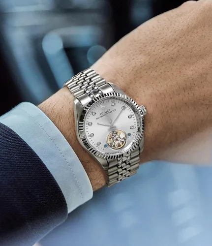 Miniatura 6 de BUREI Reloj automático de lujo para hombre, resistente al agua, reloj mecánico, correa ajustable de dos tonos de acero inoxidable