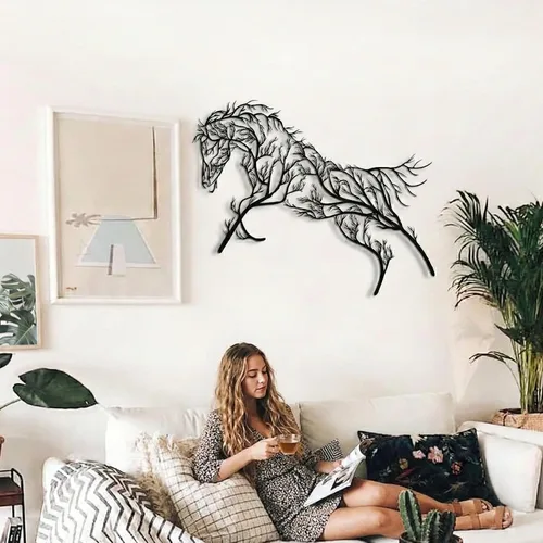 Miniatura 2 de Arte de pared de metal, decoración geométrica de caballo y árbol, decoración de oficina en casa, entrada, dormitorio, sala de estar, colgar
