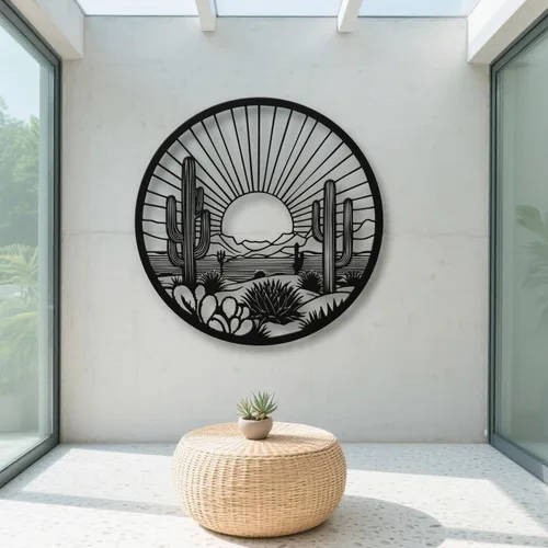 Miniatura 3 de Arte de pared de metal de cactus del desierto, decoración de pared redonda del desierto con diseño de cactus y puesta de sol, arte de pared de metal