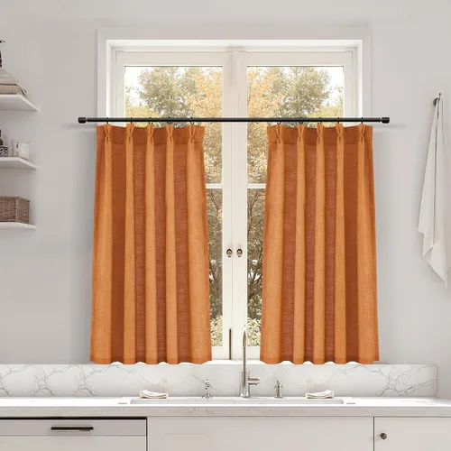 Miniatura 54 de Juego de 2 paneles de cortinas de ventana de cocina beige de 24 pulgadas de largo, con textura de lino, plisadas, filtrantes de luz, semi pequeñas