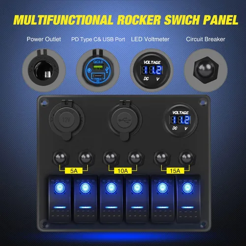 Miniatura 3 de Nilight Panel de interruptor basculante de 6 bandas, paneles de aluminio precableados impermeables con PD tipo C y encendedor de cigarrillos USB