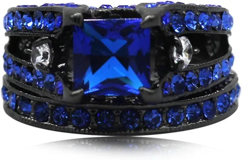 Miniatura 4 de Juego de anillos de matrimonio con circonias cúbicas de corte princesa de color azul y negro