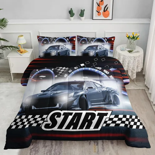 Miniatura 17 de Juego de edredón para niños Axolotl, tamaño individual, juego de ropa de cama con diseño de autos de carreras para niños, niñas, adolescentes