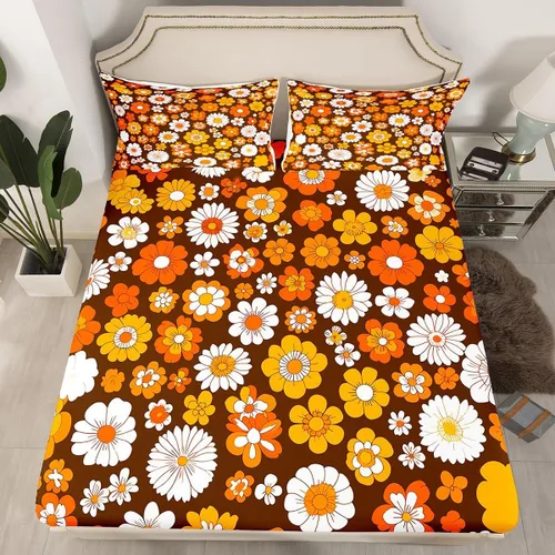 Miniatura 2 de Feelyou Juego de sábanas Groovy de los años 60 y 70 para niños, diseño retro de flores hippie con bolsillo profundo, sábana bajera vintage, bohemio
