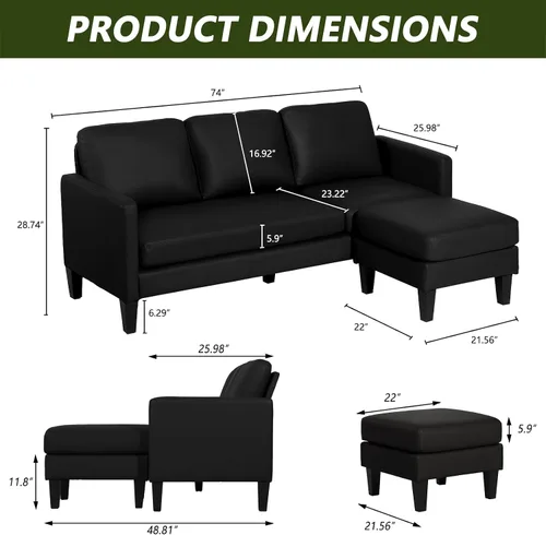 Miniatura 3 de Sofá modular convertible de cuero en forma de L con diván reversible, moderno sofá modular de 3 plazas para sala de estar, espacios pequeños