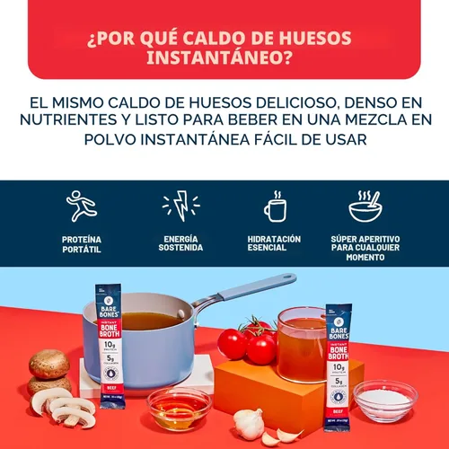 Miniatura 6 de Mezcla instantánea Bare Bones de caldo de huesos, de huesos, de res, 10gr de proteína, apto para dieta Keto y Paleo, sobres en barras de 0.53 oz