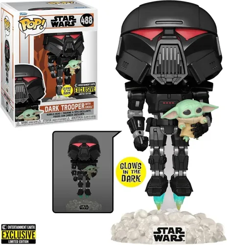Miniatura 2 de POP Star Wars: The Mandalorian - Dark Trooper Holding Grogu [The Child] Figura de vinilo exclusiva de Funko que brilla en la oscuridad