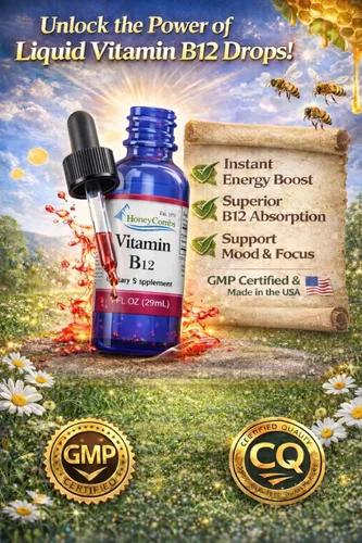 Miniatura 7 de HoneyCombs B12 Liquid Drops Suplemento de vitamina B12 para energía, metabolismo, enfoque cerebral y apoyo nervioso Gotas líquidas sublinguales B12