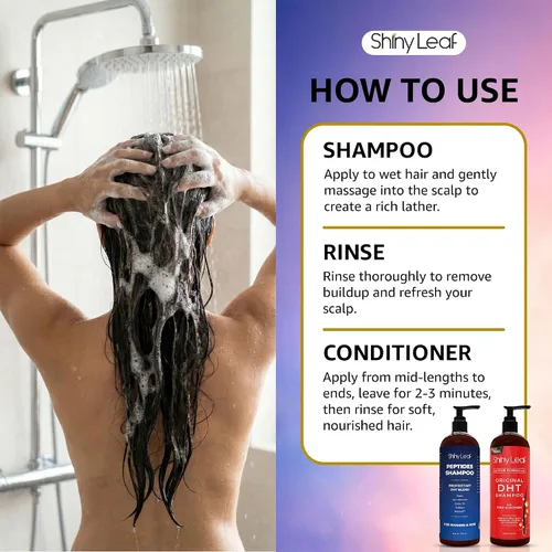 Miniatura 7 de Shiny Leaf Paquete de champú para el crecimiento del cabello, juego de champú bloqueador y péptido DHT, champús antiadelgazamiento con biotina