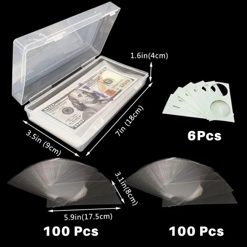 Miniatura 2 de Smatagee 200 fundas de plástico transparente para billetes con caja de almacenamiento, protector de láminas para moneda, dinero, billetes, billetes