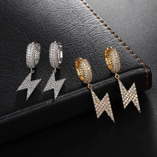 Miniatura 8 de Shcyee Aretes de relámpagos helados a la moda, hip hop, aretes de aro grueso con circonita cúbica para mujeres y hombres, regalo de joyería unisex