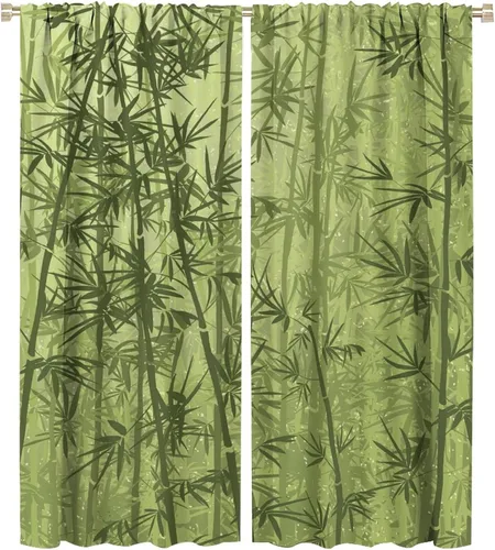 Miniatura 24 de Cortinas con estampado de bambú, tallos y hojas de bambú, temática oriental natural, oscurecimiento de habitación, ventana, ventana, cortina