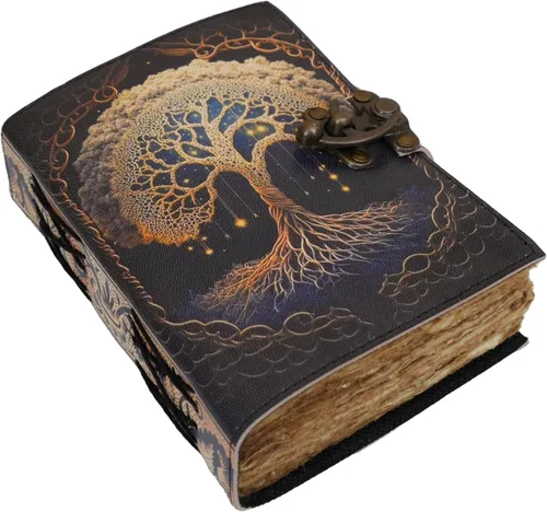 Diario de hechizos en blanco con cierre de cerradura, diario de cuero vintage hecho a mano con árbol de la vida, diario de oración, brujería pagana,