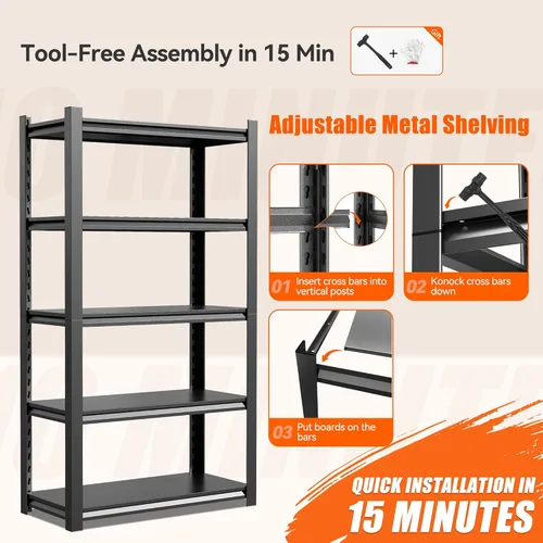 Miniatura 6 de Estantes de almacenamiento de 2500 libras, estantería de garaje de 5 niveles, estantería ajustable y resistente, estante de almacenamiento de metal