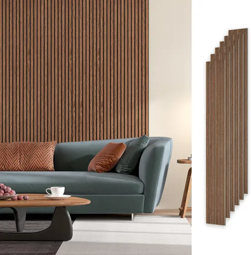 Miniatura 20 de Paquete de 6 paneles de pared de madera acústica, 94.5 x 8 pulgadas cada uno panel de pared insonorizado, paneles de listones de madera estriada 3D