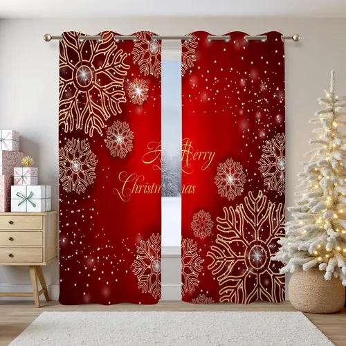 Miniatura 7 de Renaiss Cortinas opacas de Navidad con tablones de madera rústica para dormitorio, con ojales, estampado de copos de nieve navideños, cortinas