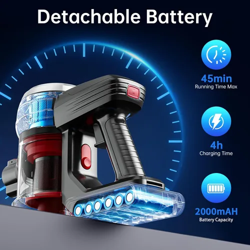 Miniatura 4 de Aspiradoras inalámbricas para el hogar, 45 minutos de tiempo de funcionamiento, faros LED, 2 velocidades, tubo telescópico, potente succión