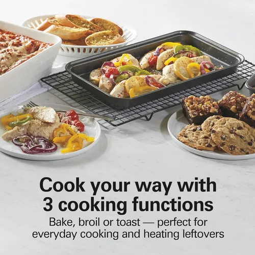 Miniatura 4 de Horno tostador Hamilton Beach Easy Reach para encimera, 4 rebanadas, con puerta enrollable, 1200 vatios, para pizza de 9 pulgadas, 3 funciones