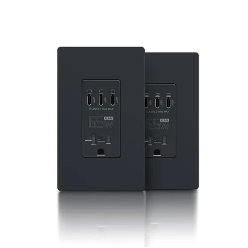 Miniatura 11 de TOPELER Tomacorriente USB de pared negra, tomacorriente USB de carga ultrarrápida GaN de 65W para laptop, receptáculo resistente a manipulaciones