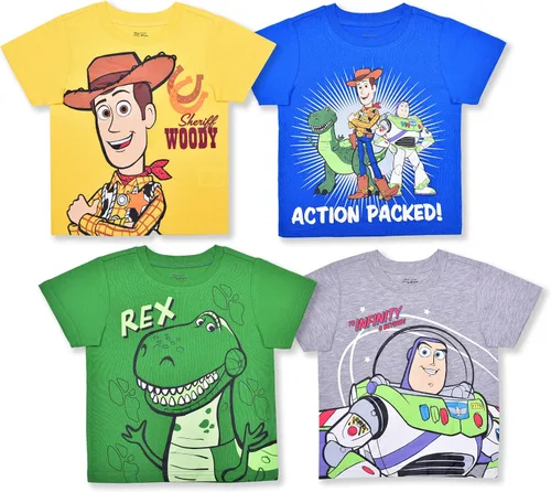 Disney Toy Story Woody, Buzz and Rex - Camisa de manga corta para niños, paquete de 4 para niños pequeños y pequeños, amarilloazulverdegris