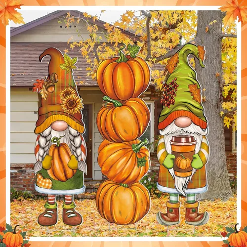 Miniatura 3 de Umigy 3 piezas de gnomo de otoño para decoración de patio con estacas de 32 x 10 pulgadas, decoración de jardín de otoño exterior para el hogar