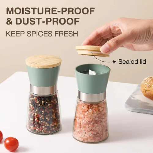 Miniatura 2 de VUCCHINI Juego de molinillo de sal y pimienta con tapa de bambú, molinos de sal y pimienta gruesos ajustables, rebabas de cerámica rellenables