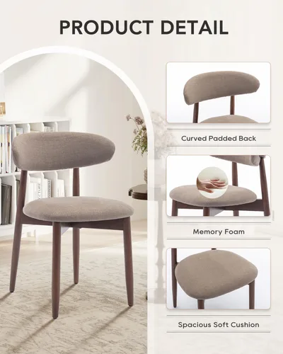 Miniatura 3 de Juego de 4 sillas de comedor, sillas tapizadas de estilo granja, sillas modernas de tela para cocina con patas de madera maciza, color camello