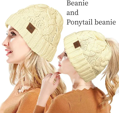 Miniatura 2 de Rosoz Gorro de cola de caballo para mujer, gorro cálido de invierno, suave, elástico, de punto trenzado, para moño alto