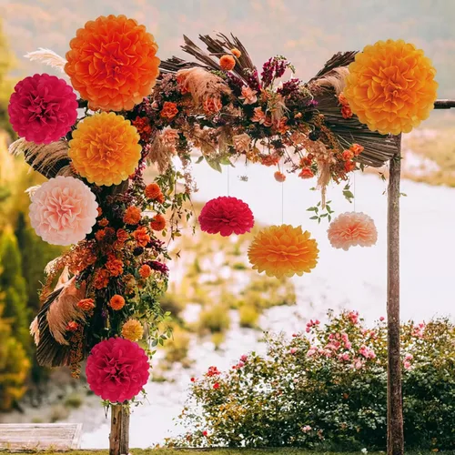 Miniatura 4 de Envibe Decoraciones de fiesta naranja – Pompones de papel de seda para novia, bebé, bodas y fiestas de cumpleaños – 34 piezas de decoración de boda