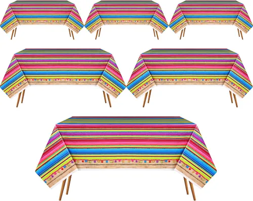 Hosuly 6 manteles de fiesta mexicana de 54 x 108 pulgadas, mantel de plástico a rayas para decoración de fiesta mexicana, cubierta de mesa mexicana,