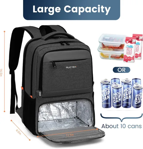 Miniatura 3 de Mochila de almuerzo, mochila con aislamiento térmico para hombres y mujeres, mochila para portátil con protección RFID y puerto USB, Negro, 15,6
