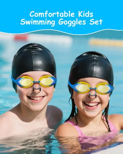 Miniatura 7 de Gafas de natación para niños, antivaho y protección UV con gorro de natación para niños de 3 a 15 años Azul y Amarillo