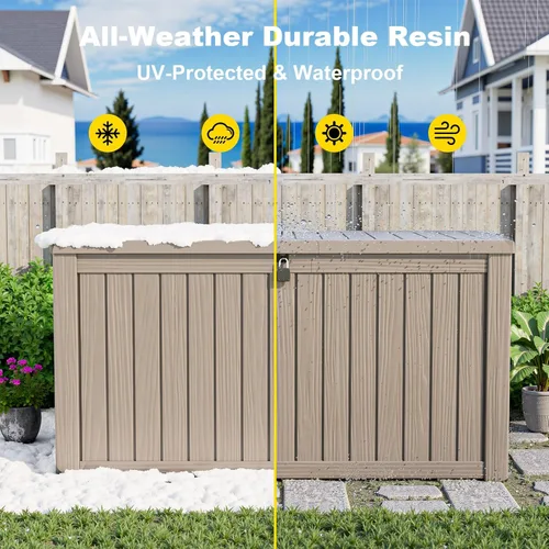 Miniatura 7 de Caja de almacenamiento impermeable para exteriores de 180 galones, caja de resina resistente a los rayos UV con varilla hidráulica para mayor 2-Gris