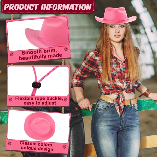 Miniatura 4 de Hicarer Juego de 12 sombreros de vaquero occidentales de fieltro de ala ancha, sombreros de fiesta de vaquera para hombres, mujeres, adultos, fiesta