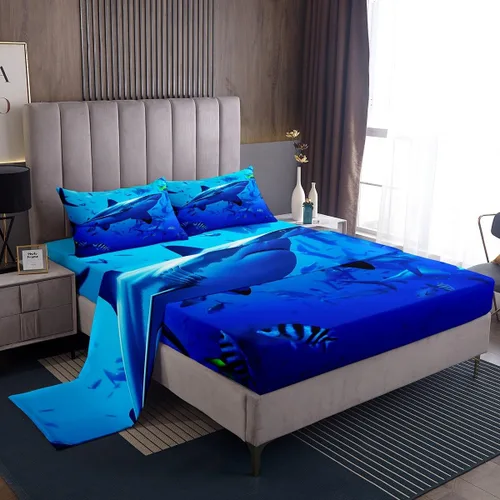 Miniatura 30 de Erosebridal Juego de sábanas 3D de mundo submarino con diseño de peces de playa, azul mar, tamaño individual, sábana bajera ajustable con diseño