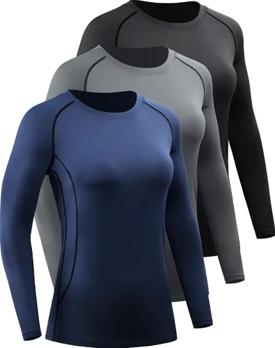 Miniatura 85 de CADMUS Paquete de 1 o 3 camisetas de entrenamiento de manga larga para mujer, camiseta de compresión de ajuste seco para correr