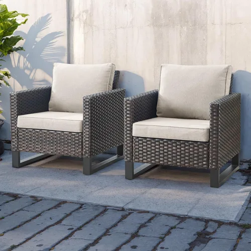 Miniatura 122 de HUMMUH Juego de 2 sillas giratorias para patio, mimbre de polietileno, para exteriores, bistró, porche, balcón, muebles con cojines Gris/gris