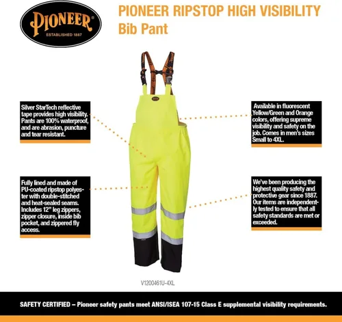 Miniatura 21 de Pioneer Hi Vis Ripstop - Pantalones con peto impermeables para hombre, pantalones reflectantes de seguridad para lluvia