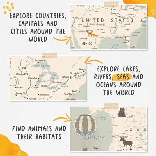 Miniatura 6 de Papel tapiz de mapa del mundo para niños con animales, calcomanías educativas para despegar y pegar, murales de guardería para bebés, niños