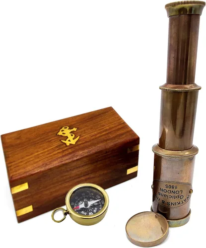 Telescopio de cristal espía de latón náutico con caja de madera, telescopio decorativo monocular plegable pirata con óptica de vidrio para regalo