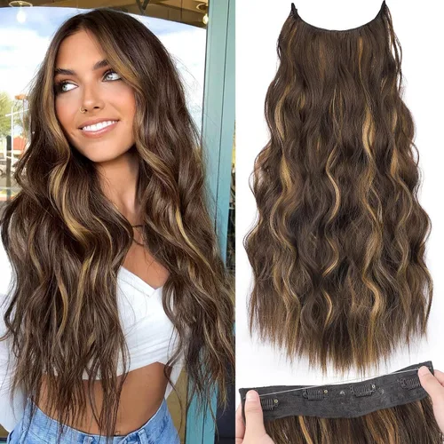 Miniatura 22 de KooKaStyle - Extensiones de cabello con hilo invisible, diadema transparente, ajustables, 4 clips fijadores, cabello largo y ondulado de 12