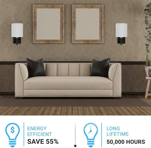 Miniatura 4 de LEDMyplace - Apliques de pared LED de 1 luz, lámpara de interior para sala de estar con puertos USB y tomacorriente, base E26, cuerpo de hierro