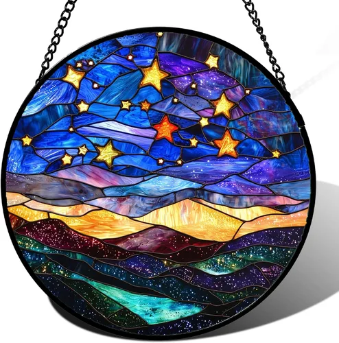 Arte de Vidrio para Colgar en Ventanas, Cielo Azul con Estrellas de Oro Paisaje Abstracto Atrapasoles para Puertas y Ventanas, Adornos para el