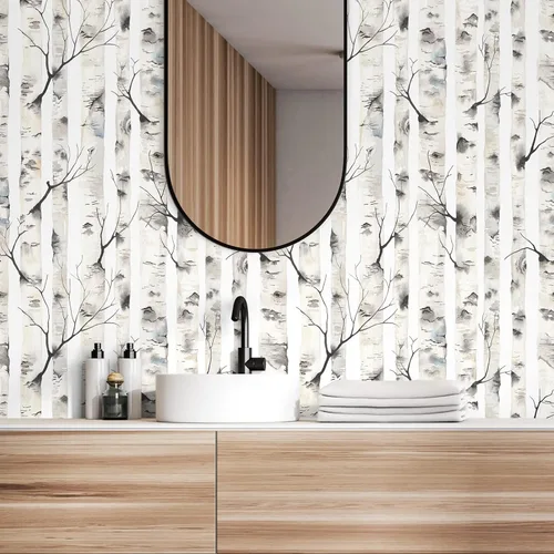 Miniatura 5 de VEELIKE Papel tapiz de abedul para despegar y pegar, papel de contacto rústico de abedul de 17.7 x 354 pulgadas, mural de pared extraíble de bosque
