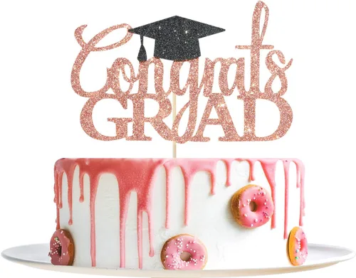 Decoración de pastel de felicitaciones de oro rosa con purpurina – Decoraciones de graduación 2026 – Graduación de escuela secundaria, decoración de
