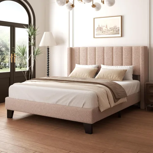 Miniatura 16 de Marco de Cama Queen con Cabecero Tapizado Marco de Cama de Plataforma con Cabecero de Terciopelo Teddy, Soporte de Listones de Madera/Diseño de Gris
