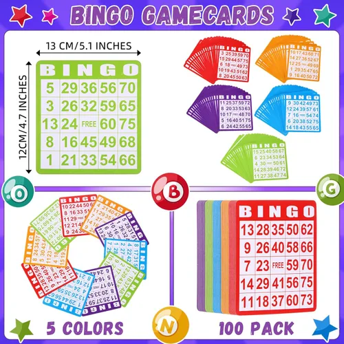 Miniatura 2 de Crtiin Juego de bingo de 148 piezas: incluye 100 tarjetas de bingo y 48 marcadores de puntos. Set de suministros con tarjetas de llamada para grupos