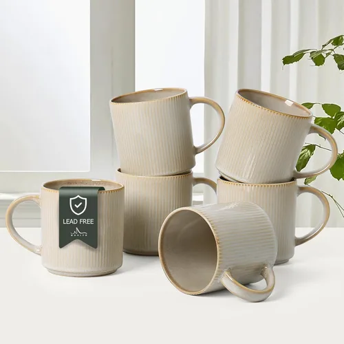 Miniatura 9 de MONITO Juego de 6 Tazas de Café de 16 Oz, Juego de Tazas de Café de Cerámica Rústica con Mango Grande, Vintage, Tazas de Café de Gres Rayadas