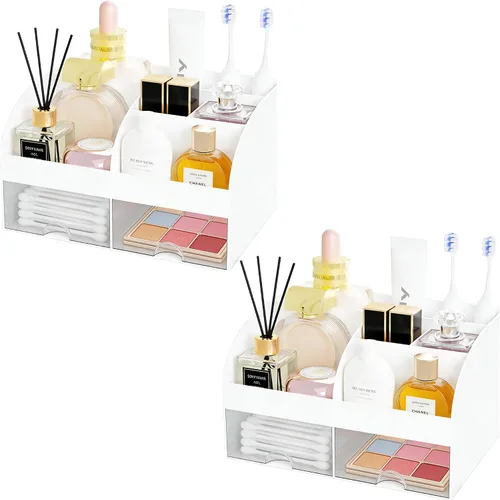 Miniatura 5 de Organizador de maquillaje con 2 cajones, almacenamiento de cosméticos para tocador y encimera de baño, organización de maquillaje y almacenamiento