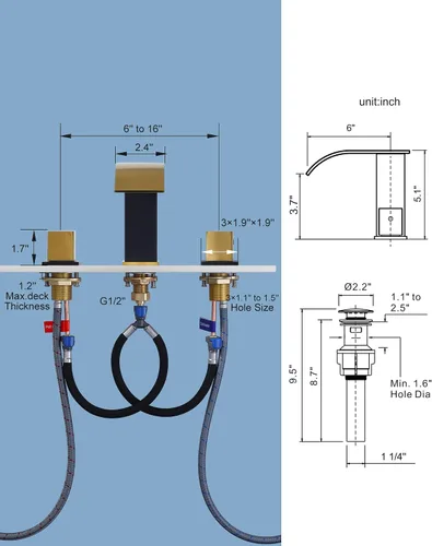 Miniatura 7 de Grifo de baño en cascada negro y dorado: grifo de baño ARCORA de 3 agujeros, grifo de baño extendido de 8 pulgadas con drenaje desplegable y manguera
